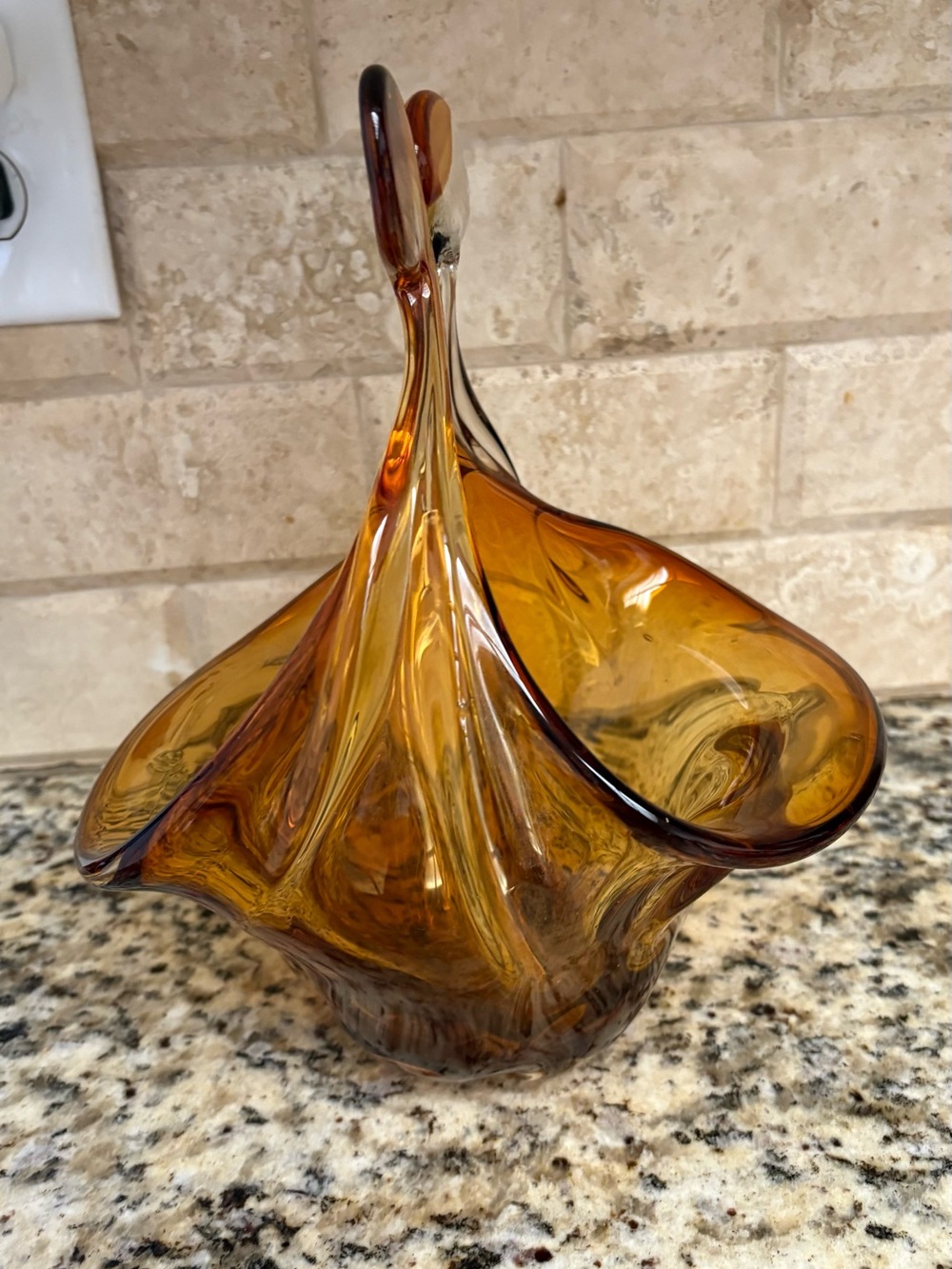 Amber Handblown Glass Decorative Basket - Home Art